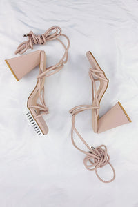 Nude Faux Leather Knotted Detail Lace Up Square Toe Sculptured Flared Block Heels