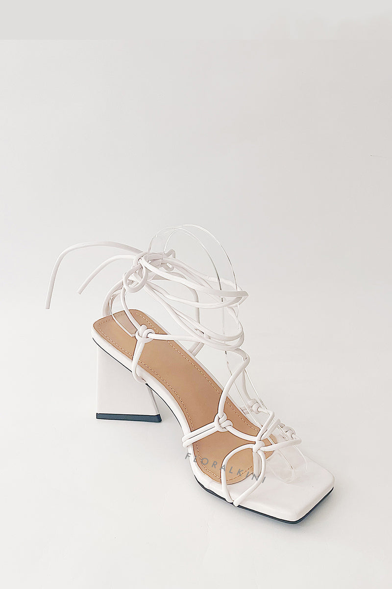 White Lace Up Sculptured Block Heels