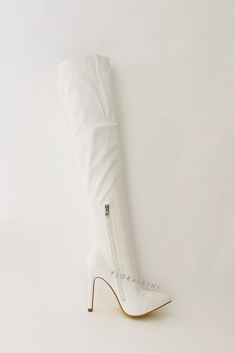 White Croc Print Thigh High Stiletto Boots