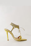 Gold Snake Print Faux Leather Chain Padlock Detail Lace Up Pointed Toe Heel