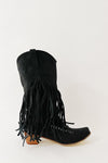 Black Faux Suede Fringe Pointed Toe Western Mid Calf Block Heel Ankle Boots