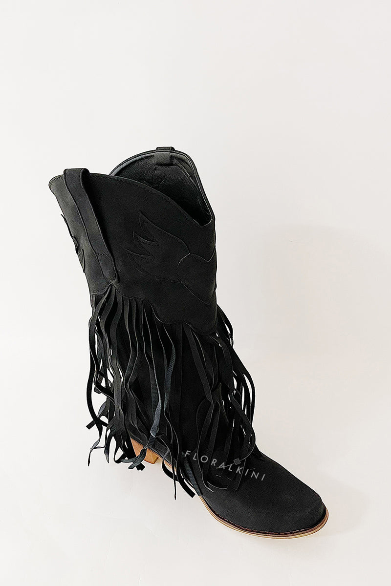 Black Faux Suede Fringe Pointed Toe Western Mid Calf Block Heel Ankle Boots