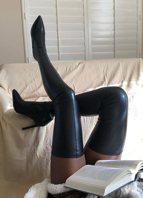 Black Faux Leather Over The Knee Thigh High Stiletto Boots