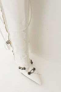 Calf High Pointed Toe Stiletto Boots With Studs And Pin Buckle Strap Details - White