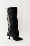 Faux Leather Wide Fit Folded Over Heeled Knee High Long Boots - Black/White