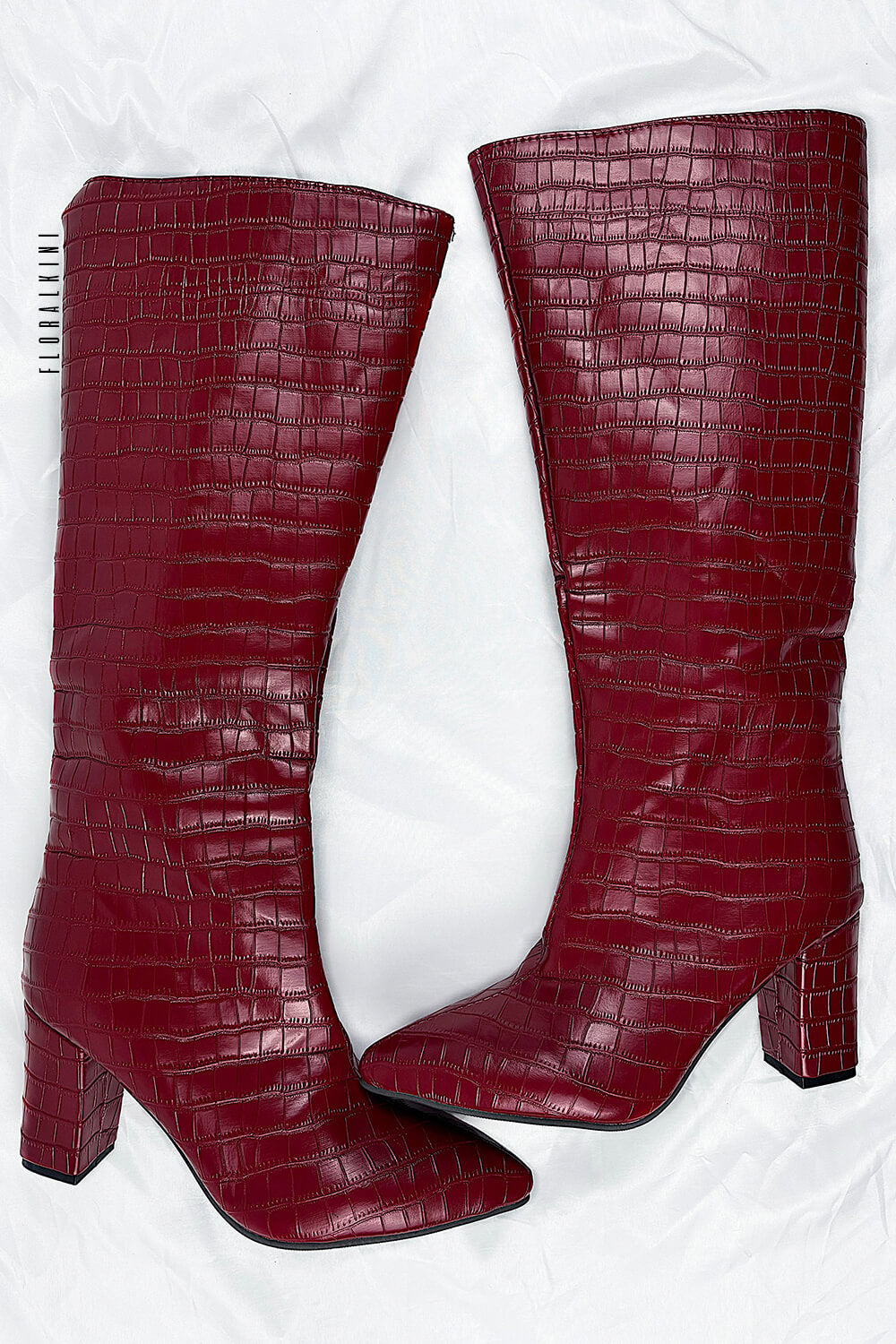 Croc-effect leather knee-high boots