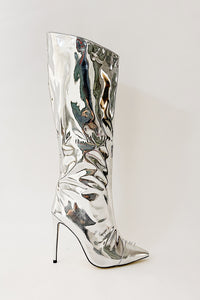 Metallic Finish Knee-High Pointed Toe Stiletto Boots - Silver