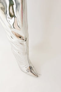 Metallic Finish Knee-High Pointed Toe Stiletto Boots - Silver