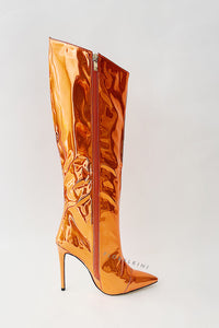 Metallic Finish Knee-High Pointed Toe Stiletto Boots - Orange