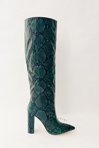 Python Effect Knee High Boots - Green