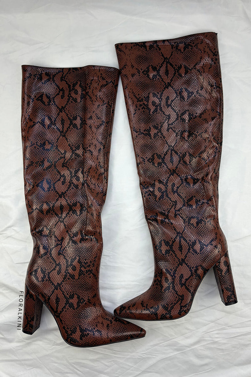 Python Effect Knee High Boots - Brown