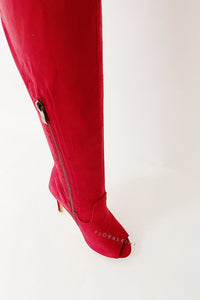 Faux Suede Peep Toe Heeled Over The Knee Boots - Red