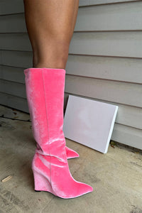 Velvet Sharp Pointed Toe Knee High Wedge Boot - Hot Pink