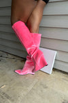 Velvet Sharp Pointed Toe Knee High Wedge Boot - Hot Pink