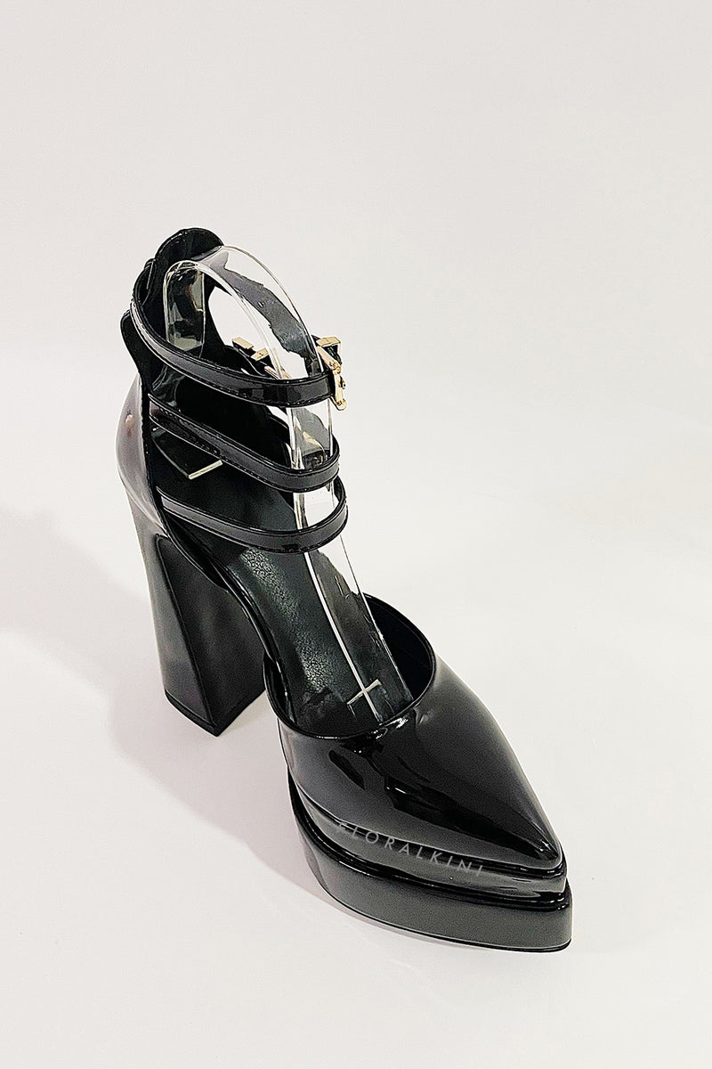 Black Faux Leather Double Platform Pointy Pumps With Triple Ankle Straps Detailing