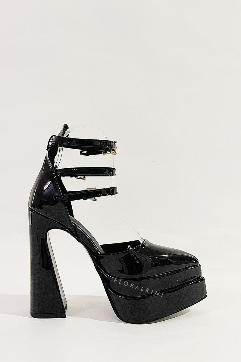 Black Faux Leather Double Platform Pointy Pumps With Triple Ankle Straps Detailing