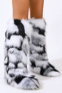 Black & White Fluffy Faux Fur Over The Knee Boot