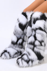 Black & White Fluffy Faux Fur Over The Knee Boot