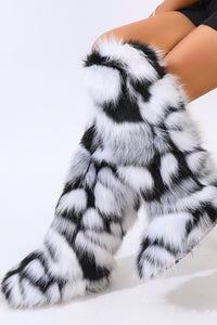 Black & White Fluffy Faux Fur Over The Knee Boot