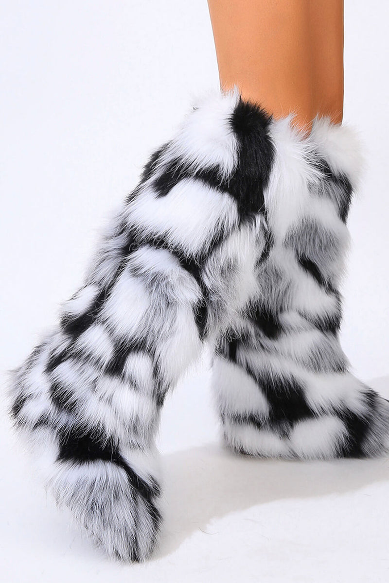 Black & White Fluffy Faux Fur Over The Knee Boot