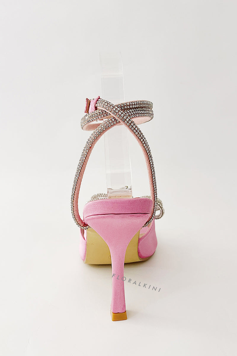 Diamante Bow Embellished Open Square Toe Heels - Pink