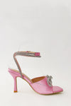 Diamante Bow Embellished Open Square Toe Heels - Pink