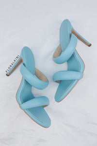 Doulbe Puffed Straps Open Toe Mule Sandals - Cyan