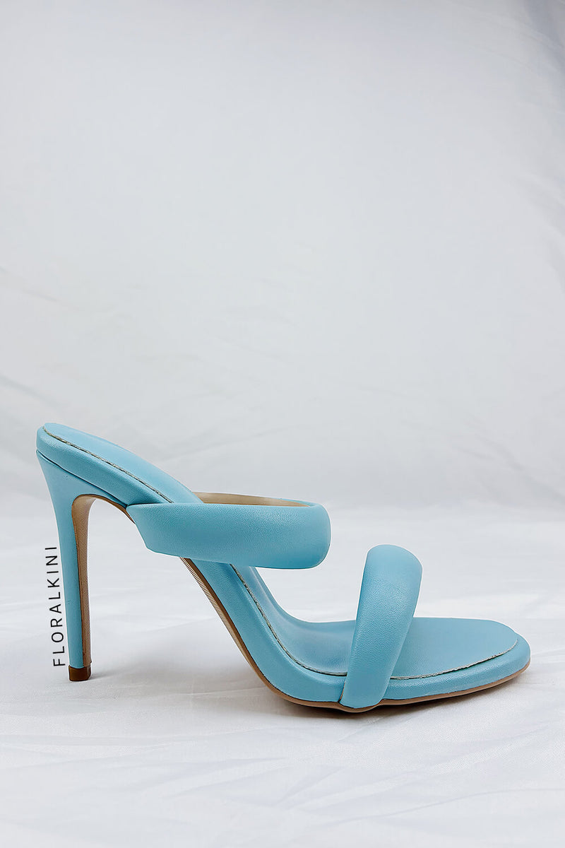 Doulbe Puffed Straps Open Toe Mule Sandals - Cyan