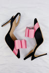 Pink & Black Color Embellished Bow Faux Satin Slingback Stiletto Pumps