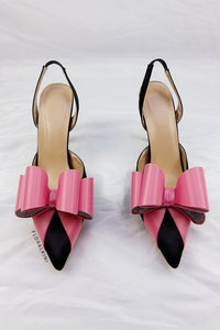 Pink & Black Color Embellished Bow Faux Satin Slingback Stiletto Pumps