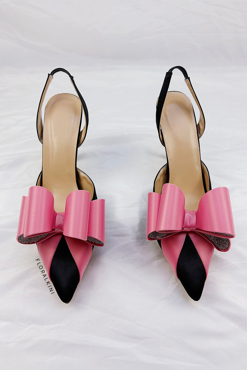 Pink & Black Color Embellished Bow Faux Satin Slingback Stiletto Pumps