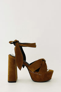 Knotted Ankle-Wrap Open Toe Platform Suede Sandals - Brown