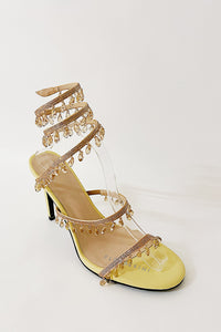 Crystal Chandelier Embellished Faux Satin Wraparound Self-Tie Slingback Sandals - Gold