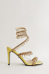 Crystal Chandelier Embellished Faux Satin Wraparound Self-Tie Slingback Sandals - Gold