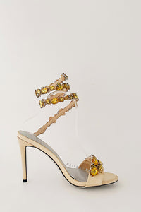 Rhinestones-Embellished Snake Wrap Stiletto Sandals - Gold