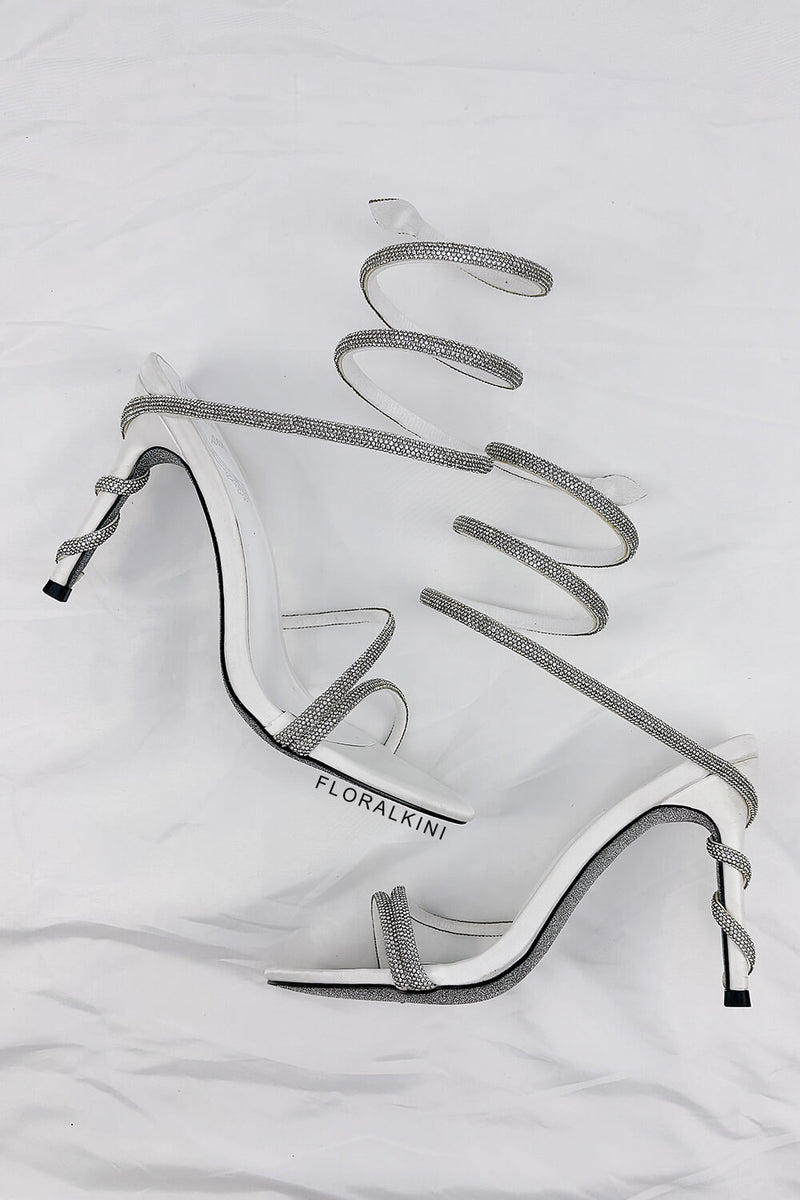 Satin Diamante Ankle Wrap Open Toe High Heel Sandals - White