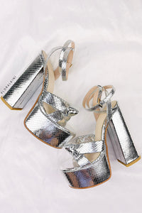 Metallic Bow Detail Statement Platform Block Heel - Silver