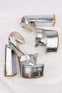 Metallic Bow Detail Statement Platform Block Heel - Silver