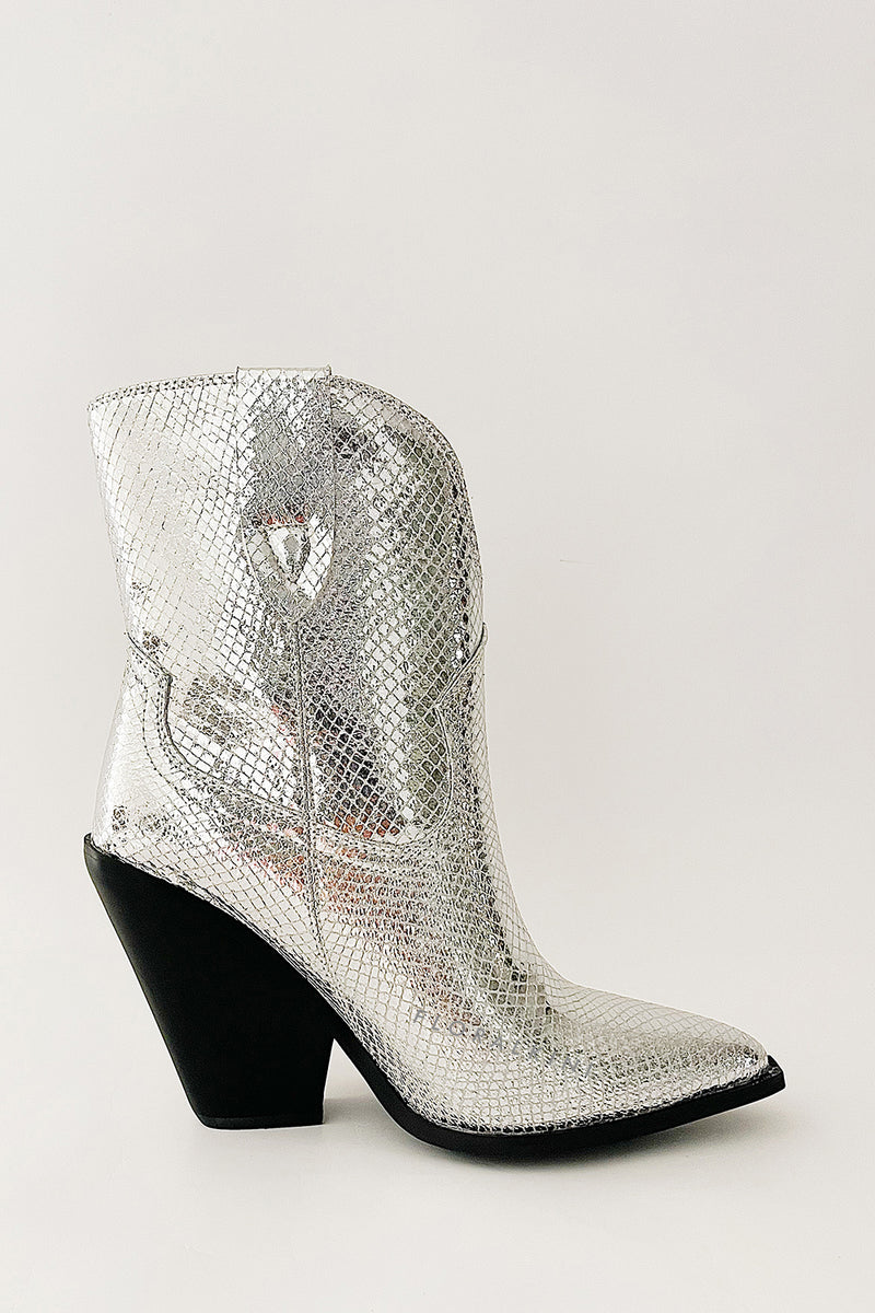 Silver Metallic Cowboy Pointed Toe Block Heeled Ankle Boots