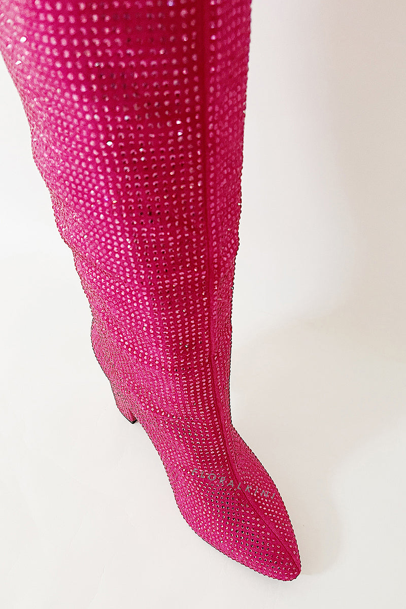 Glitter Knee High Pointed Toe Block Heeled Boots - Hot Pink