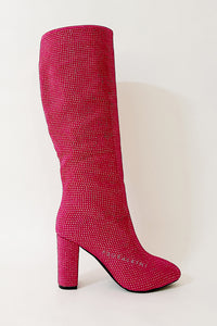 Glitter Knee High Pointed Toe Block Heeled Boots - Hot Pink