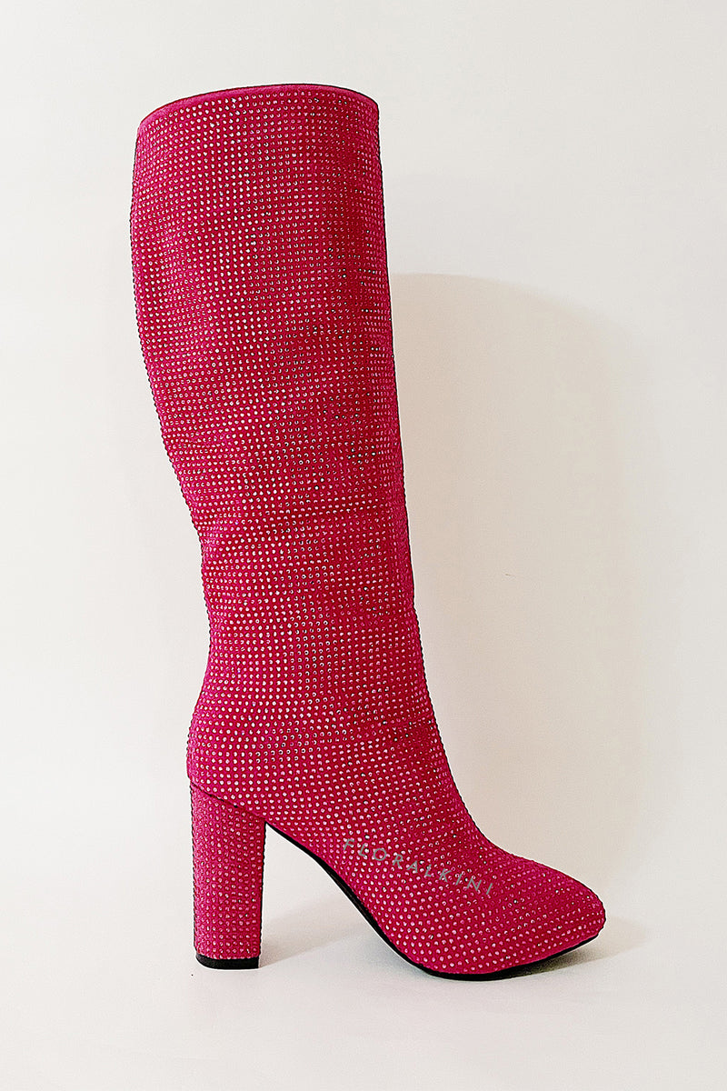 Glitter Knee High Pointed Toe Block Heeled Boots - Hot Pink