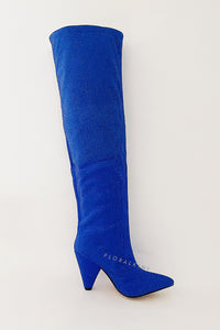 Diamante Crystal-Embellished Point Toe Over The Knee Block Heeled Boots - Blue