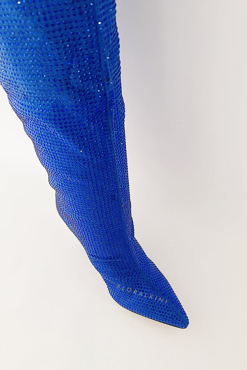 Diamante Crystal-Embellished Point Toe Over The Knee Block Heeled Boots - Blue