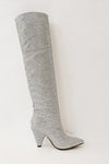 Diamante Crystal-Embellished Point Toe Knee High Block Heeled Slouch Boots - Silver