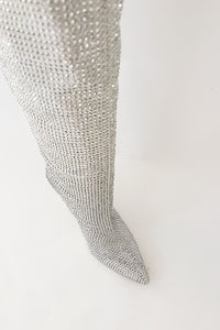 Diamante Crystal-Embellished Point Toe Knee High Block Heeled Slouch Boots - Silver