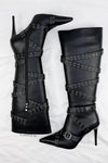 Strap Belt Pointed Toe Knee High Stiletto Boots With Buckle Details - Black