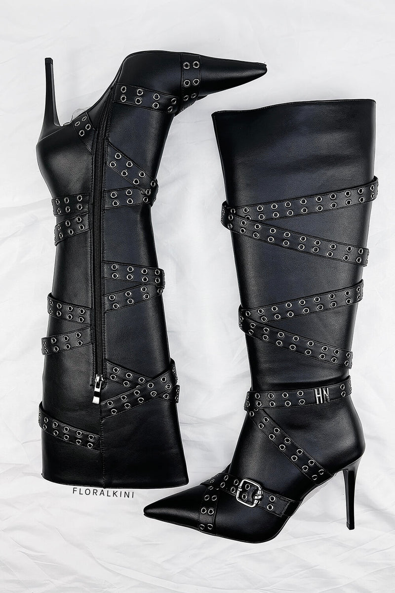 Strap Belt Pointed Toe Knee High Stiletto Boots With Buckle Details - Black