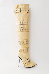 Multi Buckle Pointed Toe Thigh High Stiletto Heel Boots - Khaki