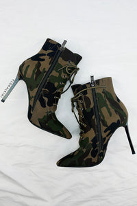 Camo Lace Up Point Ankle Stiletto Boots